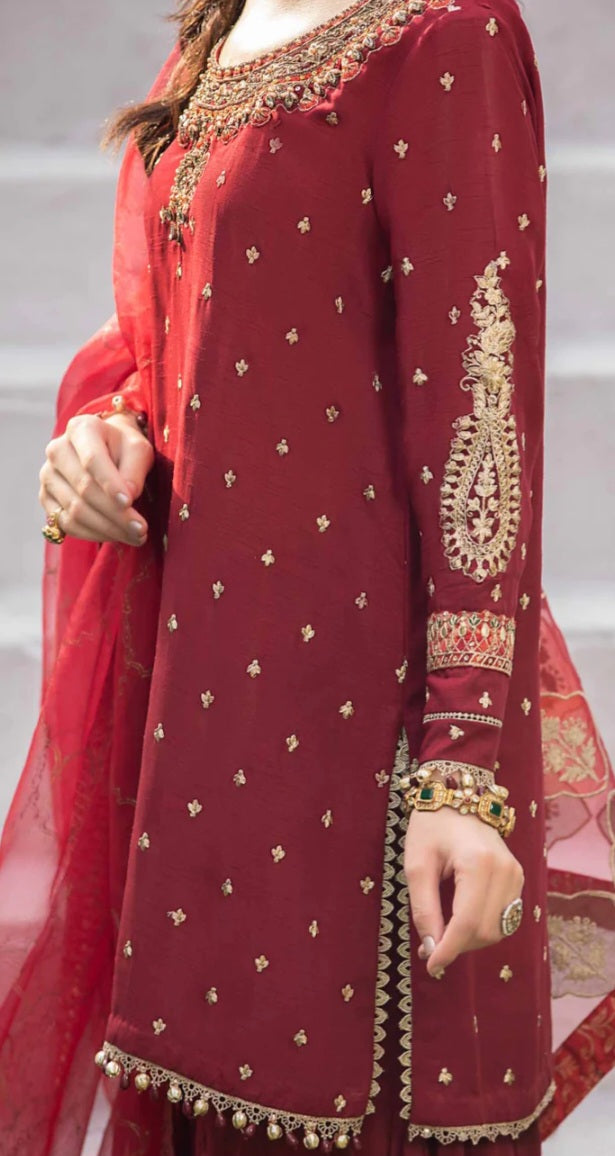 Maroon Crushed Raw Silk Gharara Set