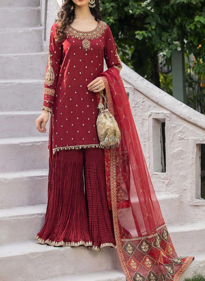 Maroon Crushed Raw Silk Gharara Set