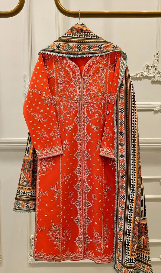 Orange Three Piece Lawn Suit