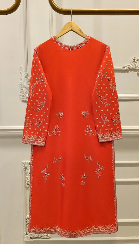 Orange Three Piece Lawn Suit